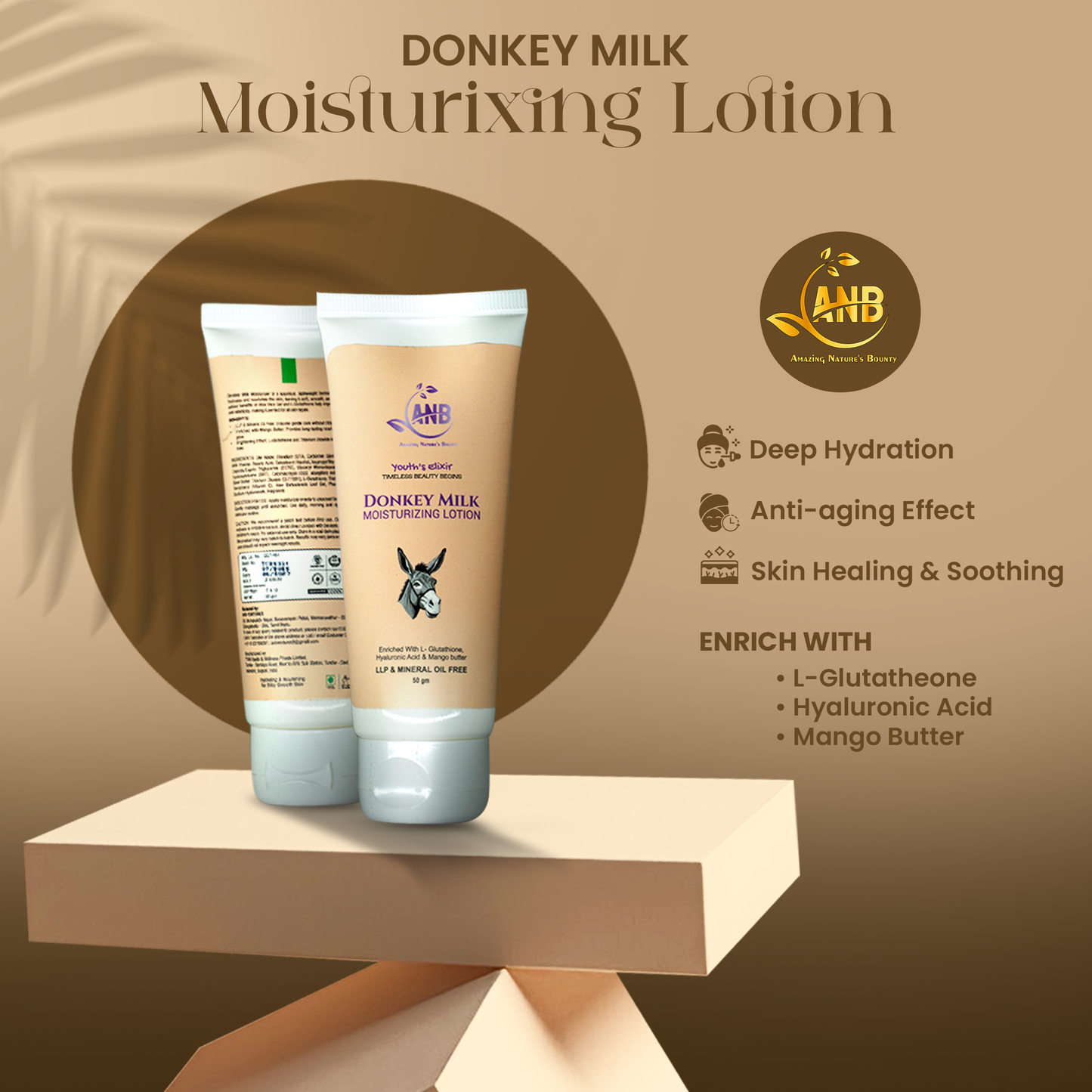 ANB Donkey Milk Moisturizing Lotion – Youth’s Elixir is a rich, nourishing formula designed to hydrate deeply, enhance skin elasticity, Free from LLP and mineral oils, this lotion is powered by L-Glutathione, Hyaluronic Acid, and Mango Butter