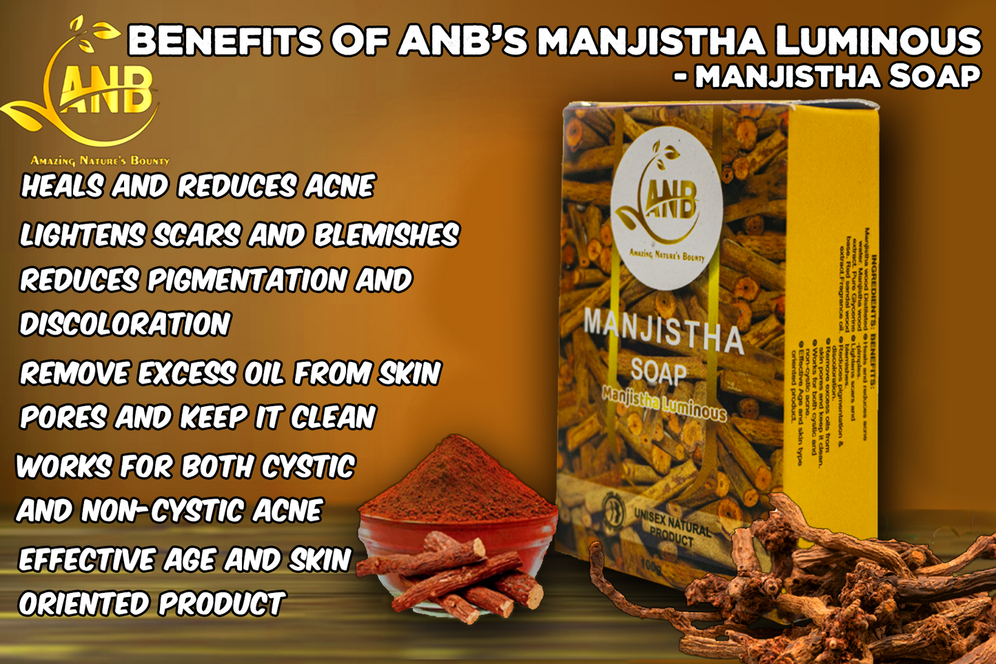ANB LUXURY MANJISTHA LUMINOUS Soap – Reduces pigmentation and Discoloration, Lighten scars and Discoloration, Heals and reduces acne and Pimples and improves skin complexion