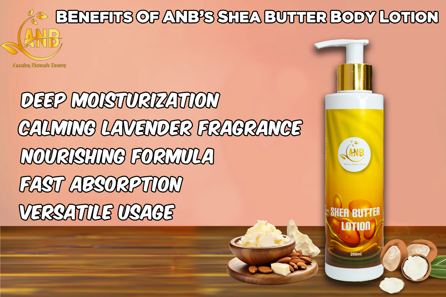 ANB Shea Butter Body Lotion Reduces signs of aging, gives plump skin, emollient that softens the skin and protects from environment pollutants.