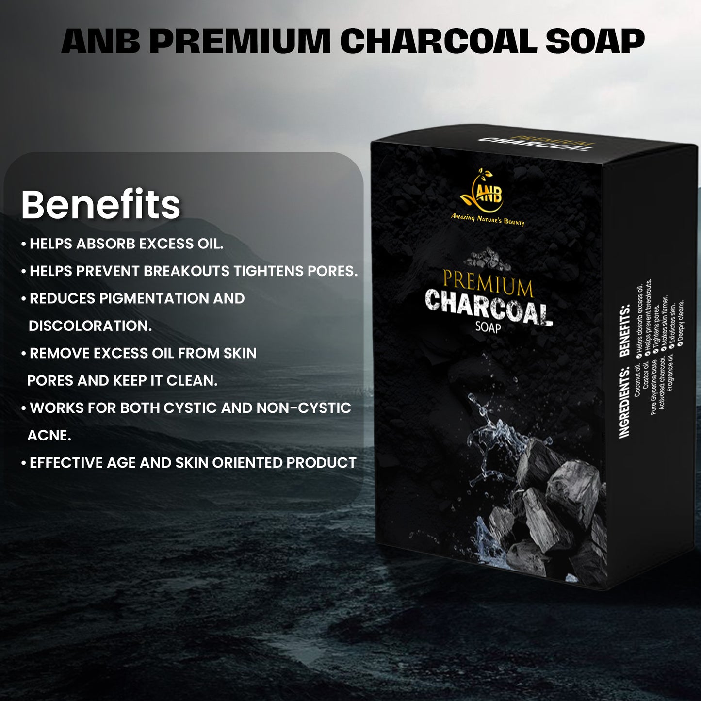 ANB Premium Charcoal soap – Reduces Oiliness, Exfoliate Gently, Suits all types of skin, Fights Acne, Reduce premature ageing