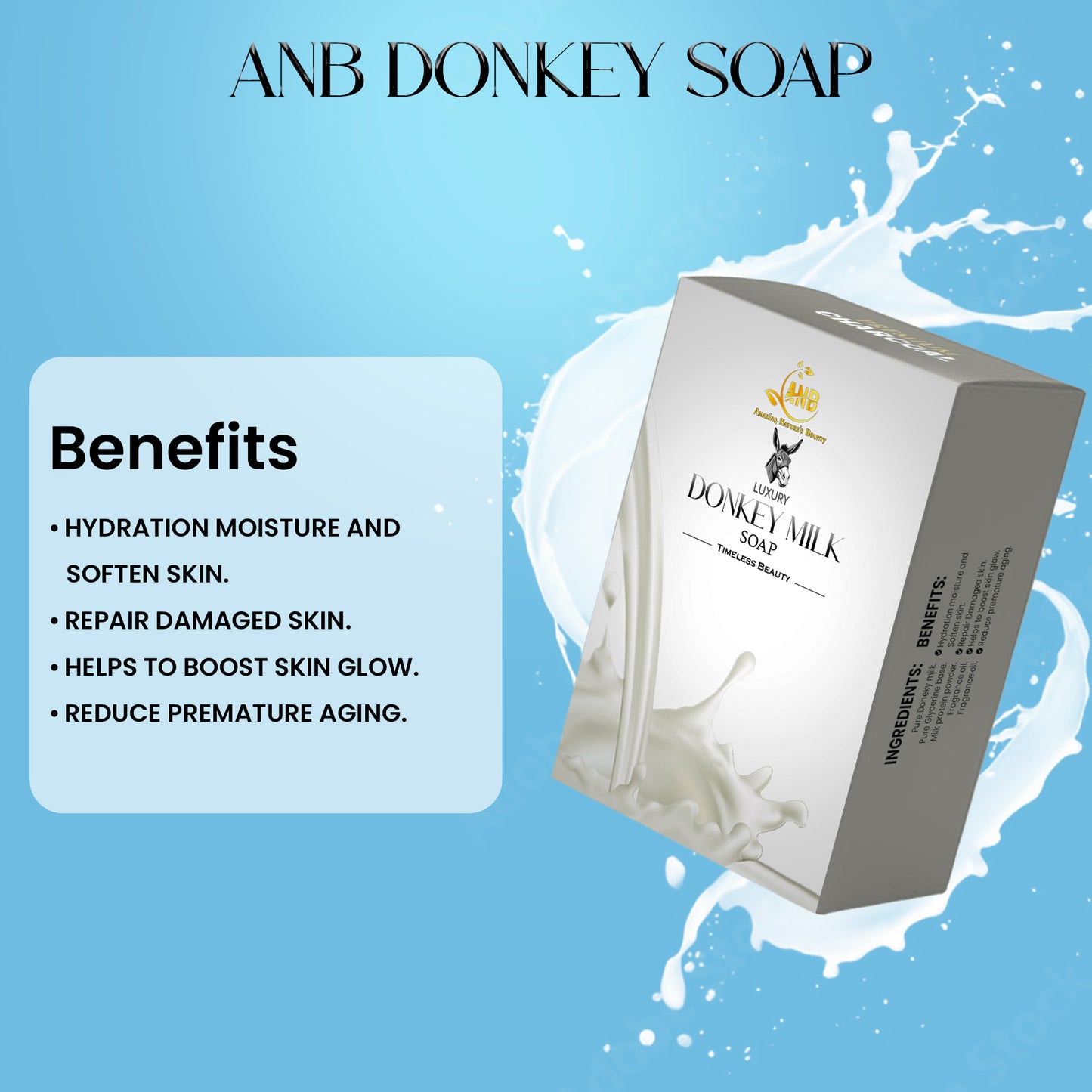 ANB Luxury Time less Beauty Donkey Milk soap – Good for all skin types, moisturizers the skin, anti inflammatory, effective anti aging and offers Time less Beauty.