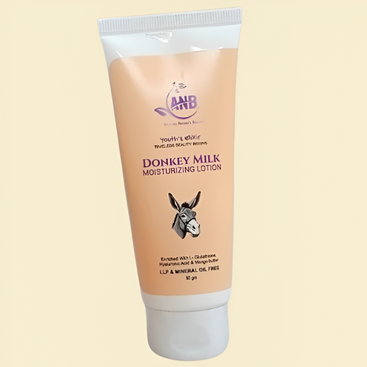 ANB Donkey Milk Moisturizing Lotion – Youth’s Elixir is a rich, nourishing formula designed to hydrate deeply, enhance skin elasticity, Free from LLP and mineral oils, this lotion is powered by L-Glutathione, Hyaluronic Acid, and Mango Butter