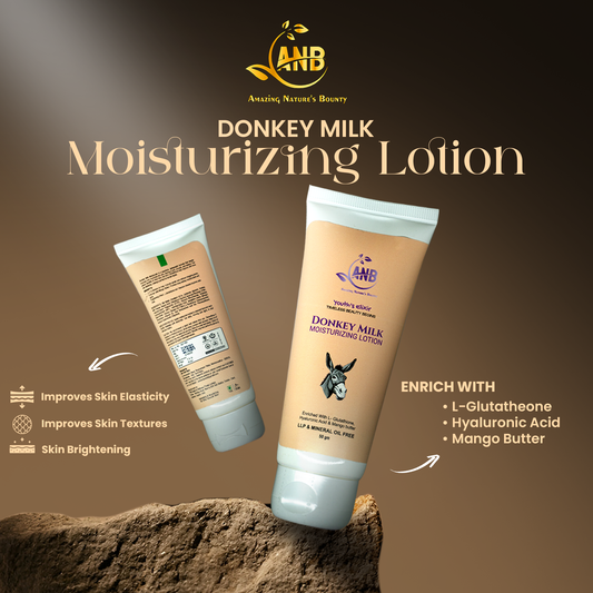 ANB Donkey Milk Moisturizing Lotion – Youth’s Elixir is a rich, nourishing formula designed to hydrate deeply, enhance skin elasticity, Free from LLP and mineral oils, this lotion is powered by L-Glutathione, Hyaluronic Acid, and Mango Butter