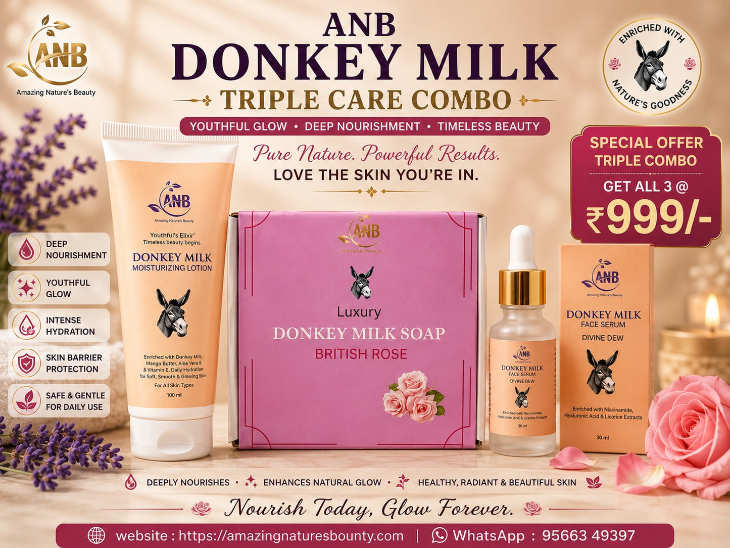 Donkey Milk Triple Care British Rose Combo